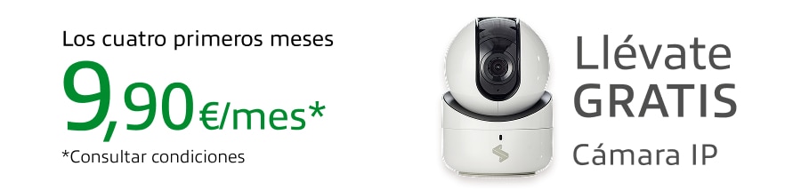 Promoción oferta de 9,90 € al mes durante los cuatro primeros meses y llévate gratis una cámara de seguridad 360
